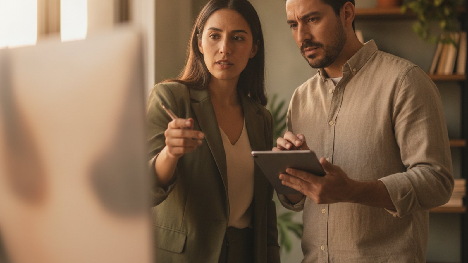 Dos personas reconciliando datos de distintas fuentes en una pantalla compartida