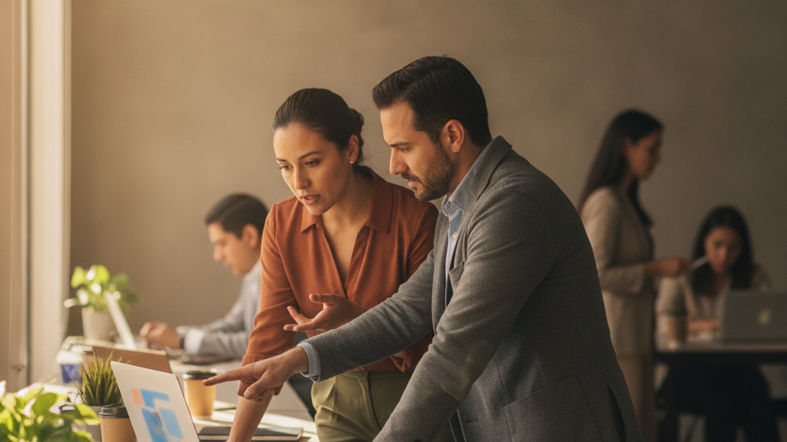 Dos personas de marketing y ventas conversando frente a una laptop en una oficina mexicana